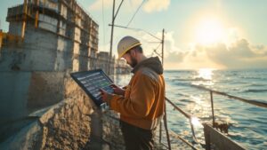 Professional engineer using seawall cost calculator at coastal construction site