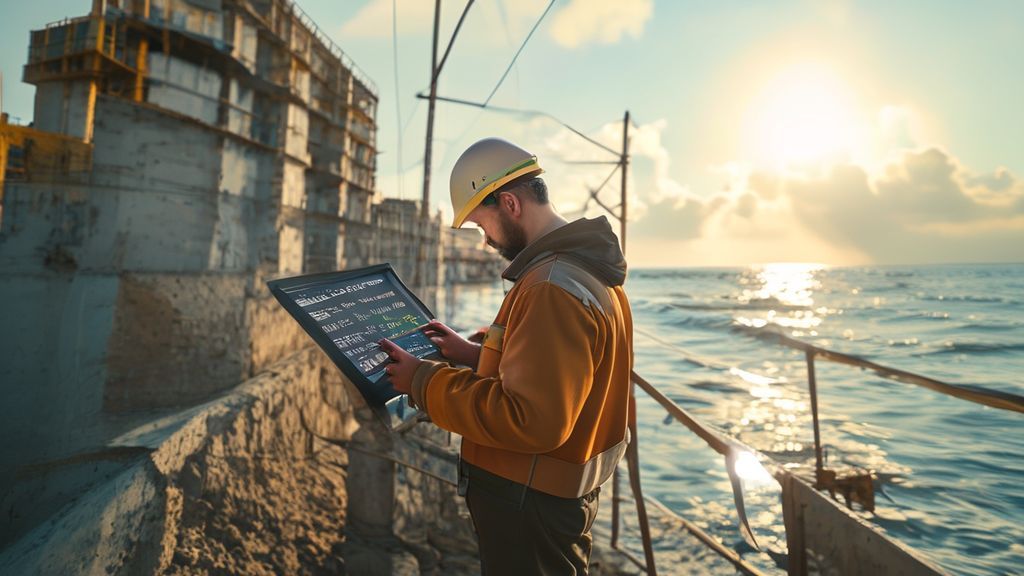Professional engineer using seawall cost calculator at coastal construction site