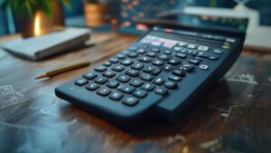 Digital calculator simplifying square roots on a desk with math tools