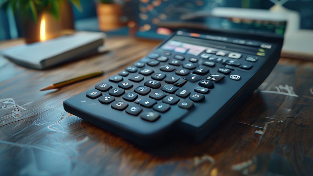 Digital calculator simplifying square roots on a desk with math tools
