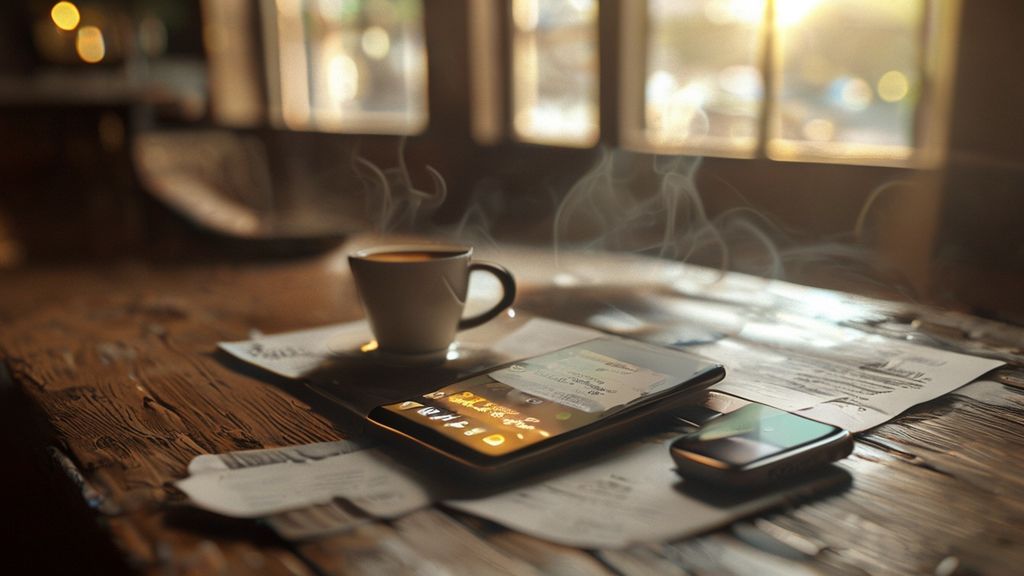 Split Cost Calculator app on a smartphone settling expenses at a cafe.