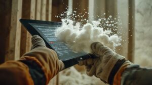 Contractor using spray foam insulation cost calculator on tablet during renovation.