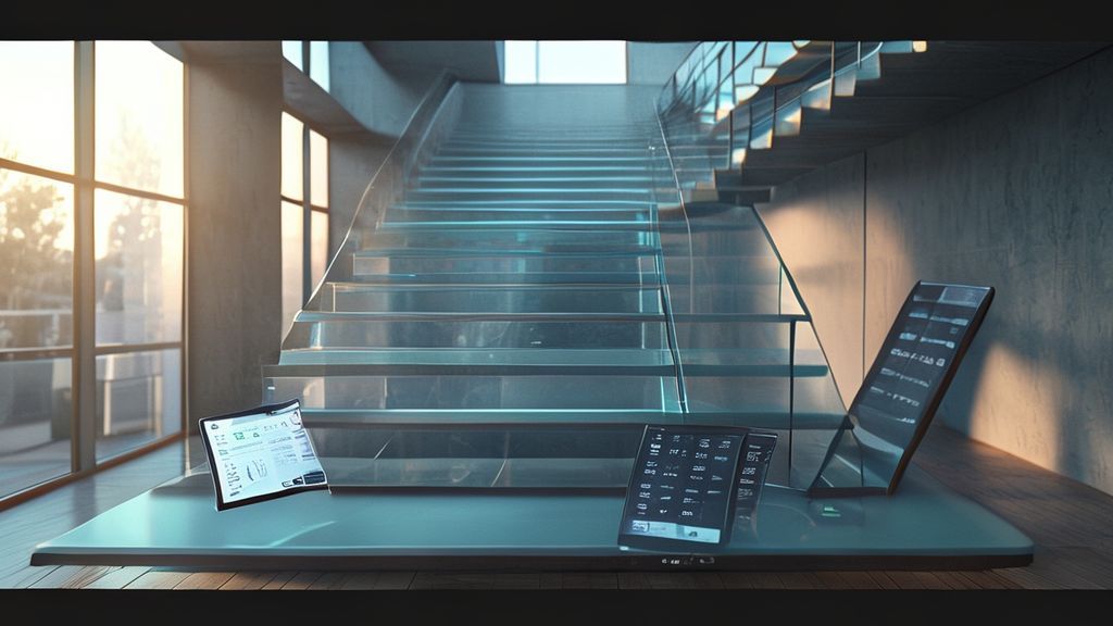 Architect planning staircase costs with digital calculator and blueprints