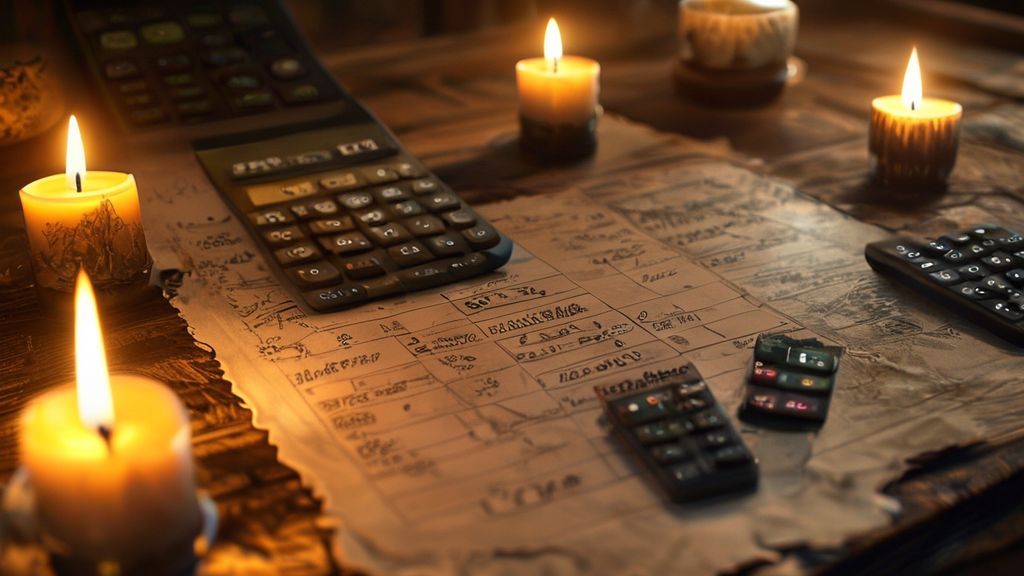 D&D character sheet and calculator on wooden table with candlelight