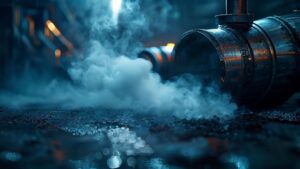 Industrial steam pipe leaking vapor in a dark factory setting