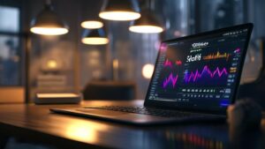 Stock Average Cost Calculator guide visualized on a laptop in a professional office setting.