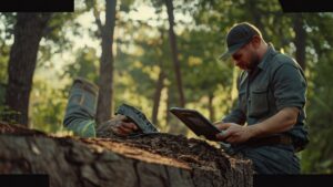 Professional arborist calculating stump grinding costs on tablet near tree stump