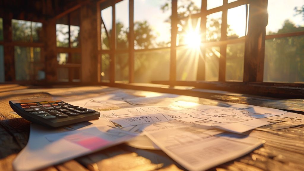 Sunroom cost calculator blueprint and materials on workbench