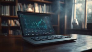 TI-82 graphing calculator emulator on laptop screen with physical device on desk