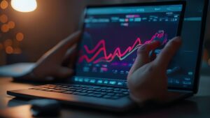 TI-84 calculator emulator on laptop screen with hand on keyboard