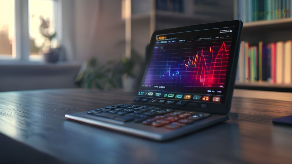 TI-84 calculator online interface on laptop screen in modern office