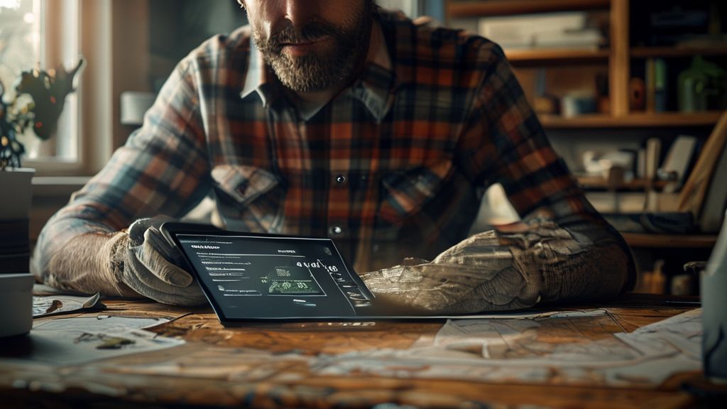 Professional arborist using a digital tablet with a Tree Removal Cost Calculator on a wooden desk.