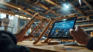 Digital trusses cost calculator on tablet next to wooden roof truss model.