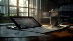 Digital profit calculator on tablet with financial documents on desk