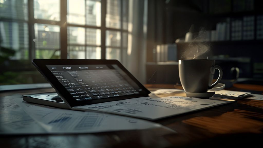 Digital profit calculator on tablet with financial documents on desk