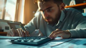 UPS part-time employee calculating retirement benefits with financial calculator and documents