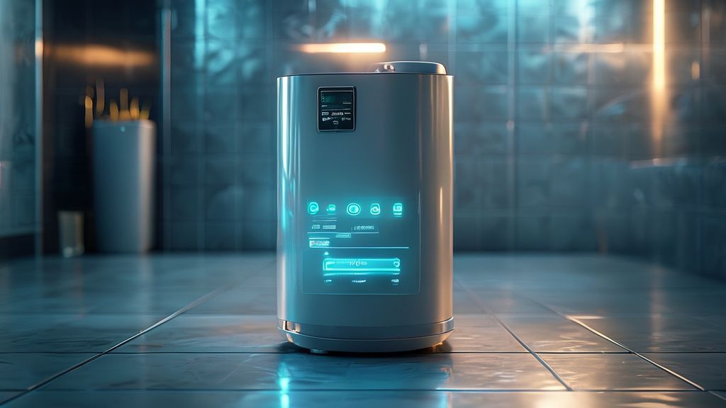 Digital water heating cost calculator overlay on a modern heater tank