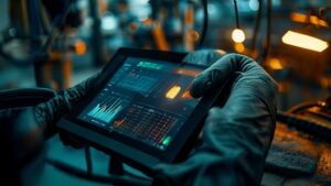 Welding cost calculator on tablet in workshop with gloved hand