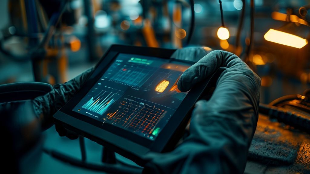 Welding cost calculator on tablet in workshop with gloved hand