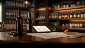 Wine cost calculator interface on tablet with wine bottle on desk for business pricing