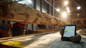 Construction worker calculating wood beam costs on a smartphone at a job site