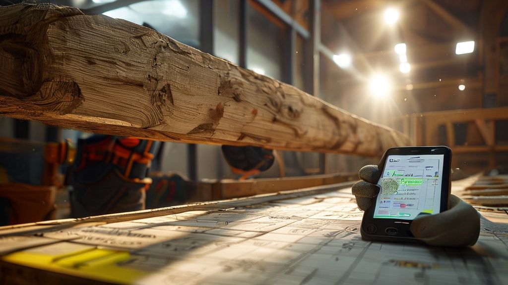 Construction worker calculating wood beam costs on a smartphone at a job site