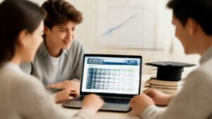 Family analyzing 529 plan savings projections on digital calculator