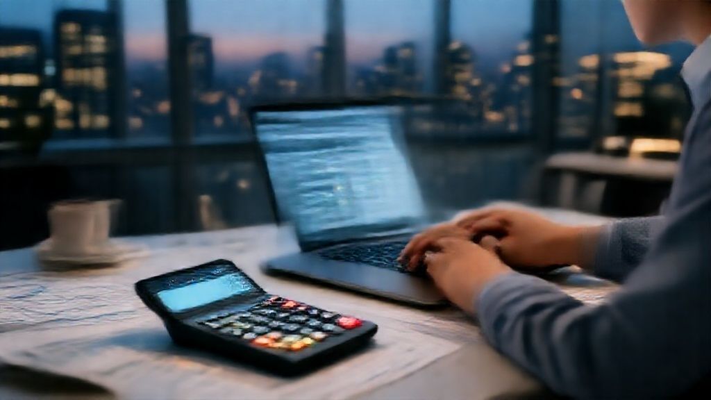 Corporate accountant analyzing profits with calculator and financial reports