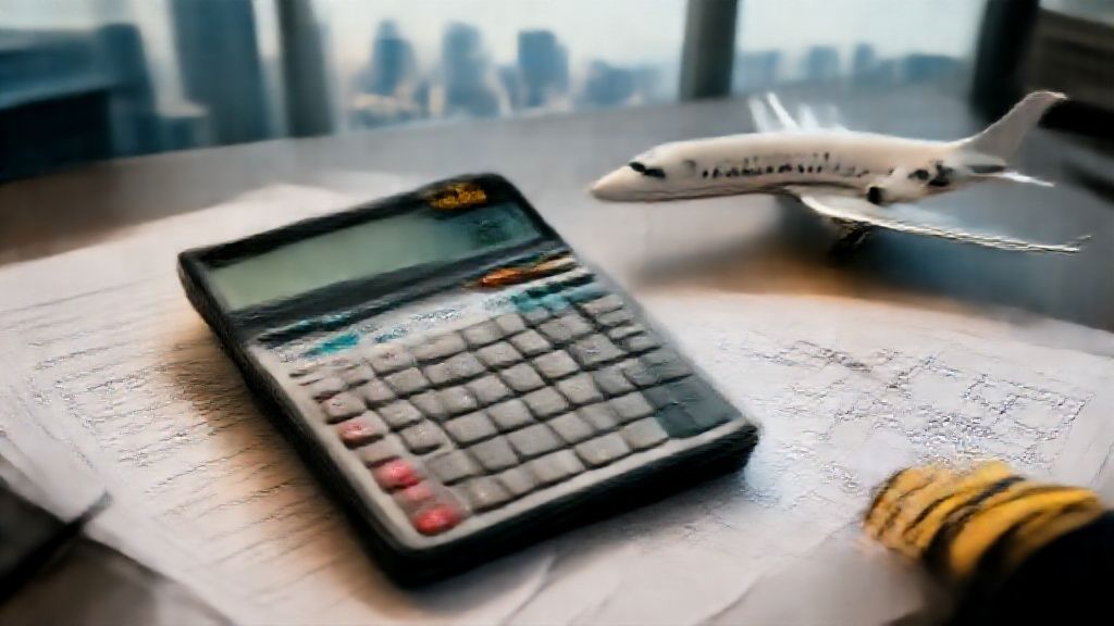 Aircraft financing calculator with documents and jet model on desk