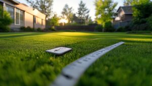 Artificial turf cost calculation tools on lawn with measuring tape