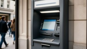 Modern ATM machine in busy urban location showing transaction screen and keypad