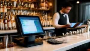 Professional bartender analyzing bar profit calculations with digital POS system