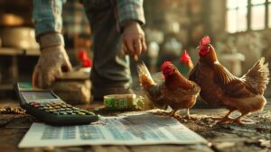 Farmer analyzing poultry expenses with chicken price calculator