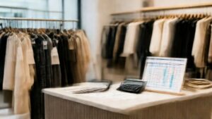 Fashion retail store with profit margin calculator and pricing displays