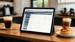 Digital coffee profit calculator displayed on tablet in modern cafe setting with coffee drinks and pastries.