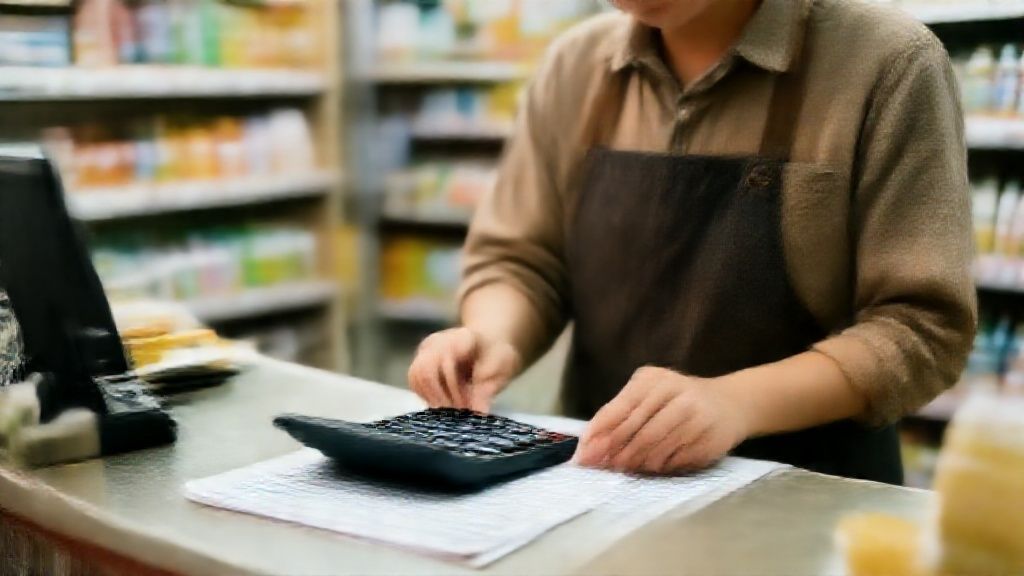 Convenience Store Profit Calculation Process Convenience store owner calculating profits using financial documents and calculator at retail counter