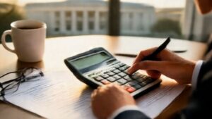 Federal employee using CSRS Retirement Calculator with documents