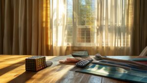 Digital curtain cost calculator with fabric samples on table