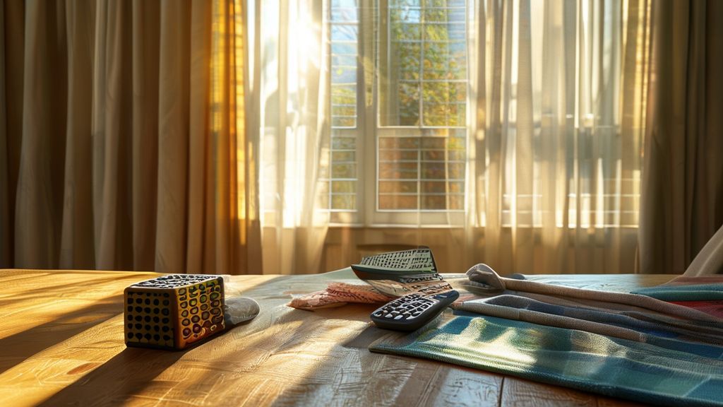 Digital curtain cost calculator with fabric samples on table