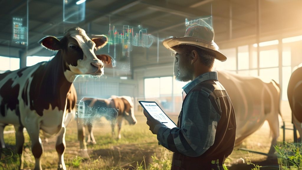 Farmer using digital profit calculator in dairy barn setting