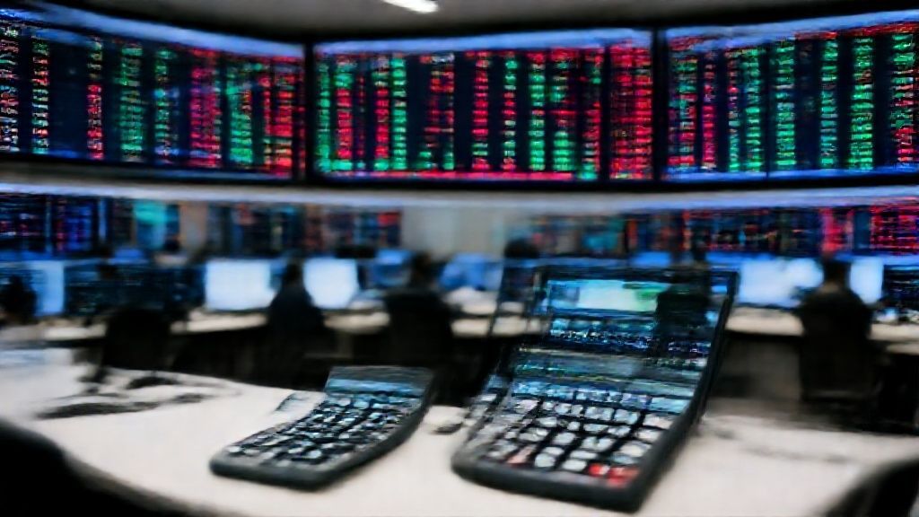 Stock market trading floor with equity profit calculations and financial data displays