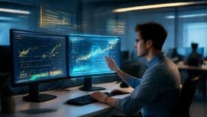 Business professional analyzing profit projections using digital calculator dashboard