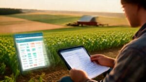 Farmer analyzing agricultural loan calculator results on farmland
