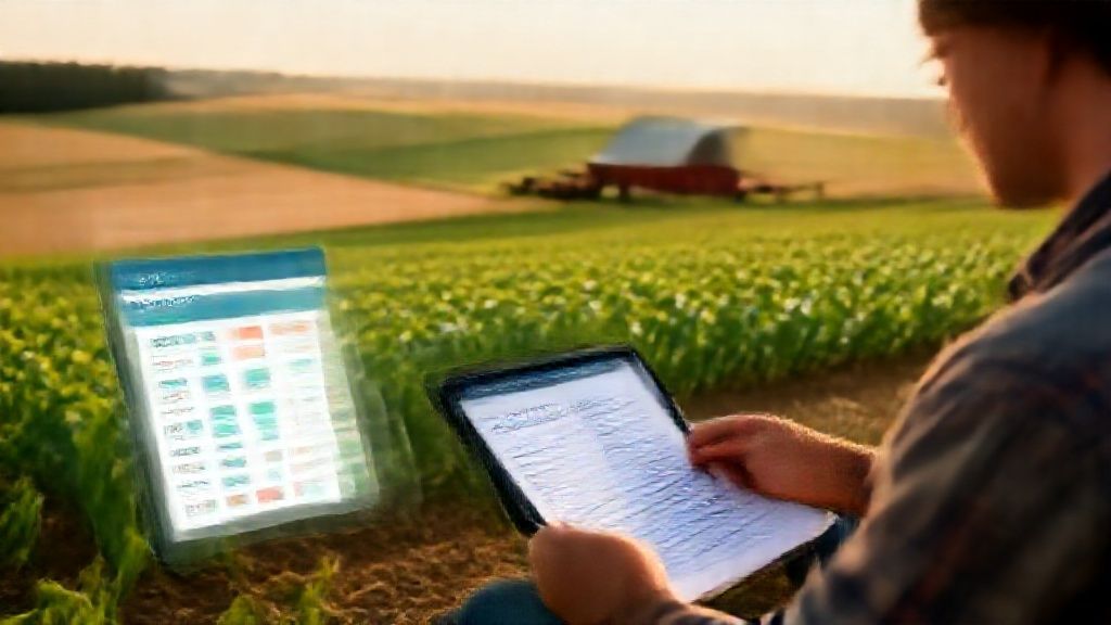 Farmer analyzing agricultural loan calculator results on farmland
