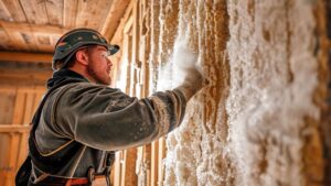 Contractor spraying foam insulation between wooden wall studs