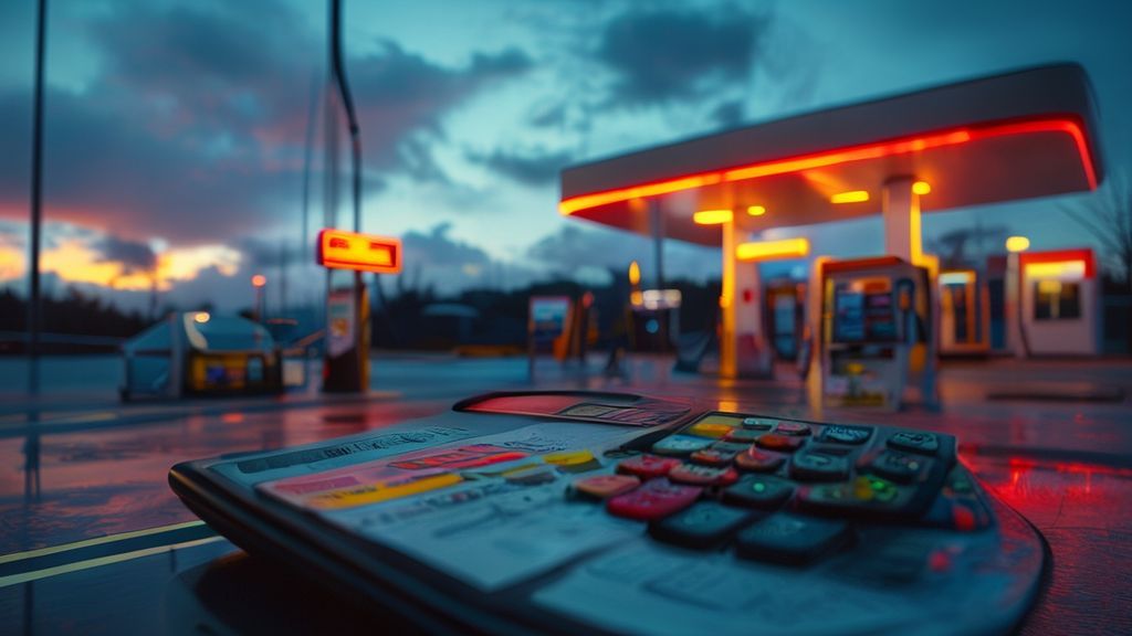 Gas station profit calculator with fuel pumps and financial charts