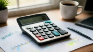 Business professional calculating gross profit rate with financial tools