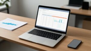 Laptop displaying incremental profit calculator with financial charts in modern office setting