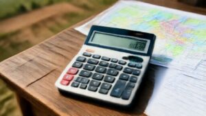 Land mortgage calculator with topographic map on wooden surface