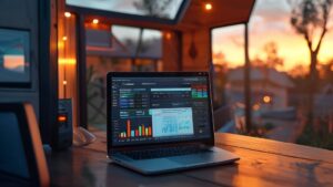 Mobile home mortgage calculator displayed on laptop with financial charts